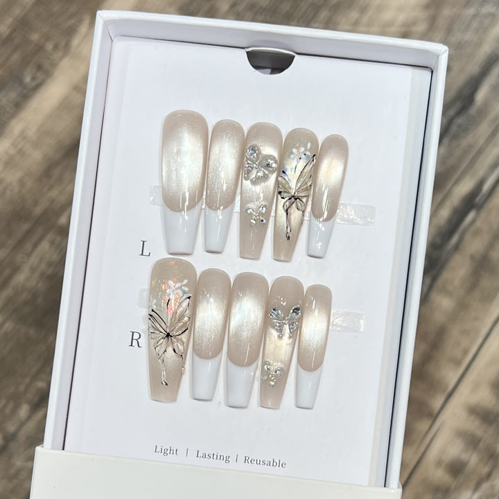 Elegant Press-On Nail Art Set with Butterfly and Jewel Accents Bowlift