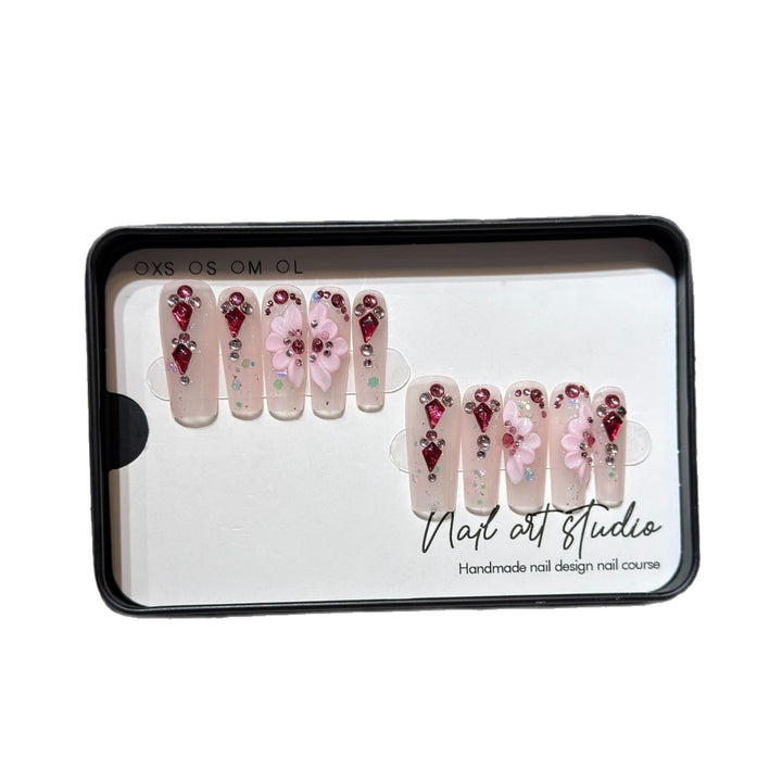 Floral-Themed Press-On Nail Set with Gemstone Accents Bowlift
