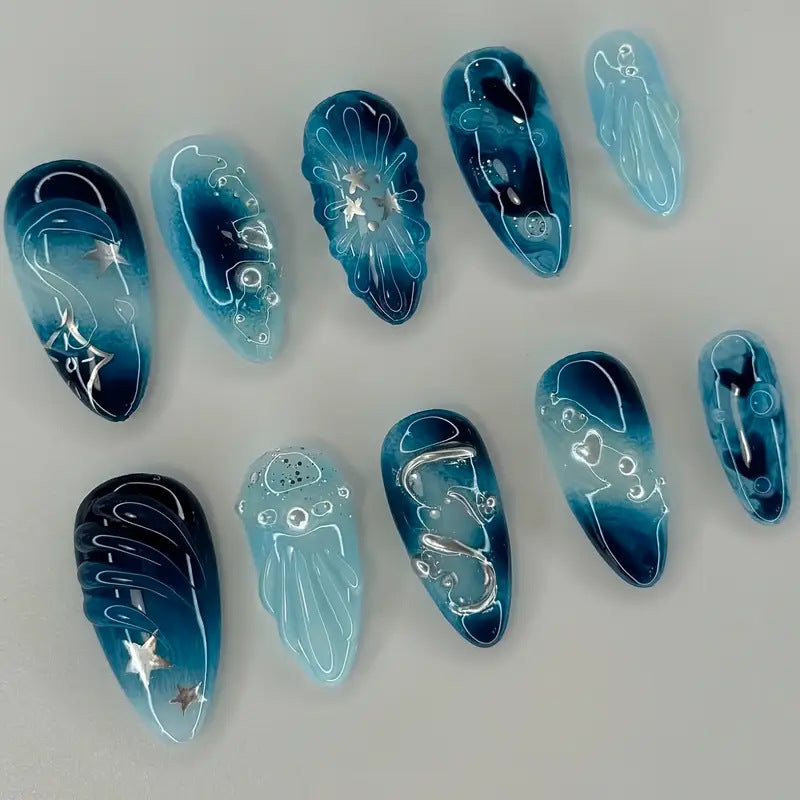 Artistic Ocean-Themed Press-On Nail Art Bowlift
