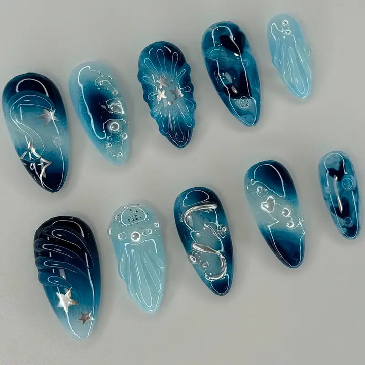 Artistic Ocean-Themed Press-On Nail Art Bowlift