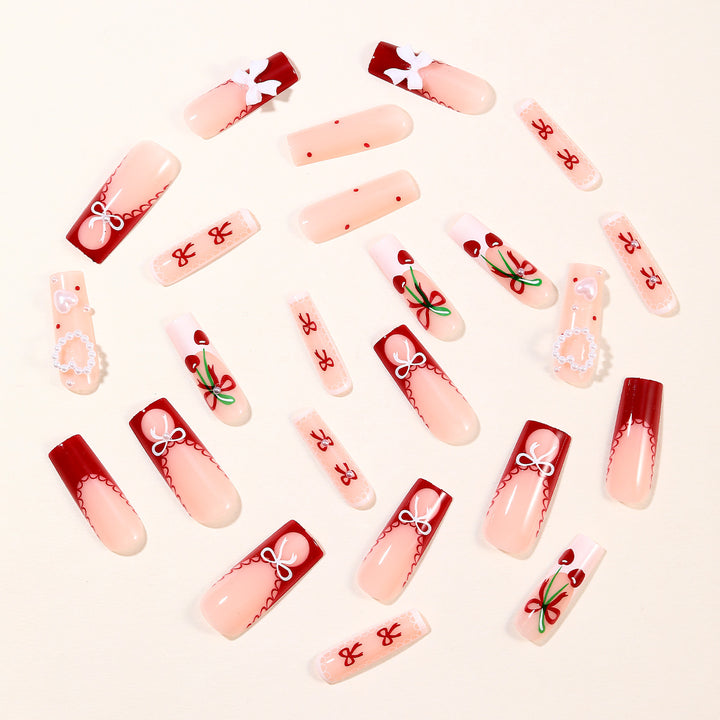 Festive Heart-Accent Acrylic Nail Art Extensions Bowlift