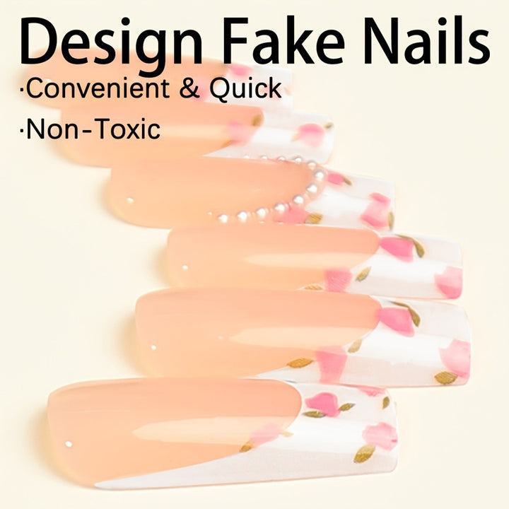 Artificial nail set with floral designs and elegant decorations Bowlift