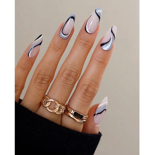 Artistic Stiletto Press-On Nails with Modern Swirl Design Bowlift