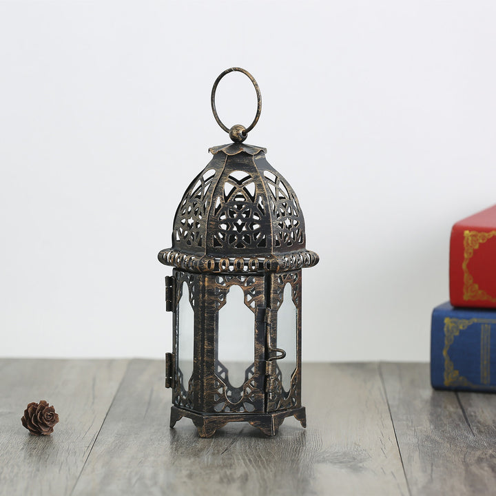 Decorative Moroccan Filigree Metal Lantern with Glass Panels and Hanging Ring Bowlift