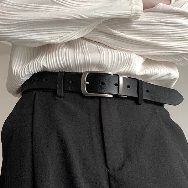Classic Full-Grain Leather Dress Belt with Brushed Metal Pin Buckle Bowlift
