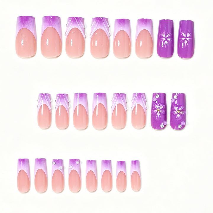 Decorative Long Press-On Nail Art Set with Floral Accents Bowlift
