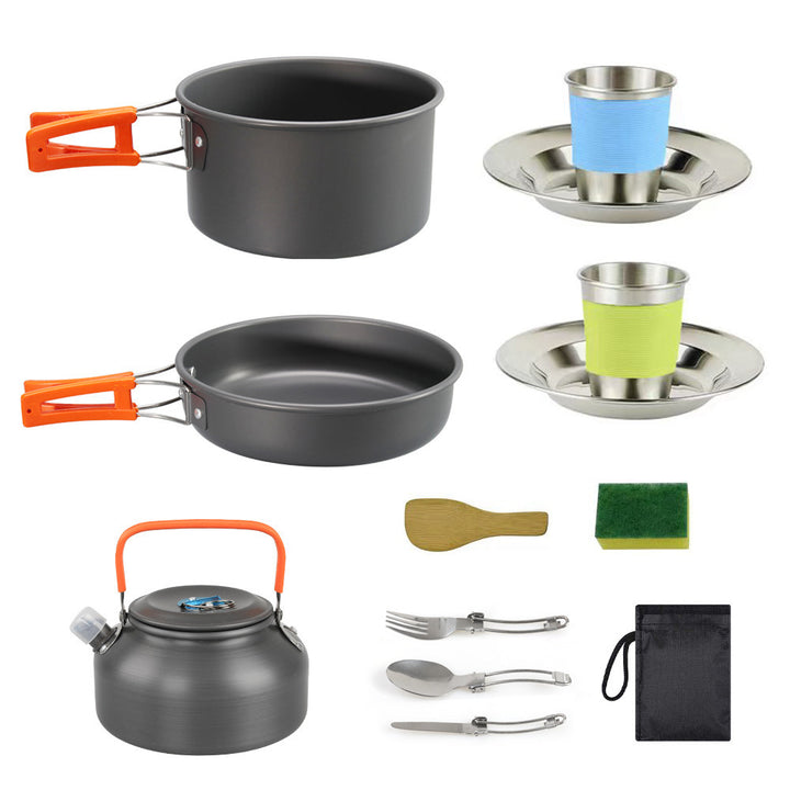 lightweight hard-anodized camping cookware set with folding handles compact kettle and stainless cup plates Bowlift