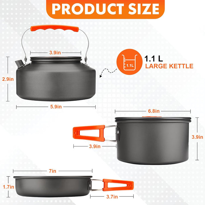 lightweight nonstick anodized aluminum camping cookware set with folding-handle pot and kettle, collapsible silicone cups, stainless plates and cutlery Bowlift