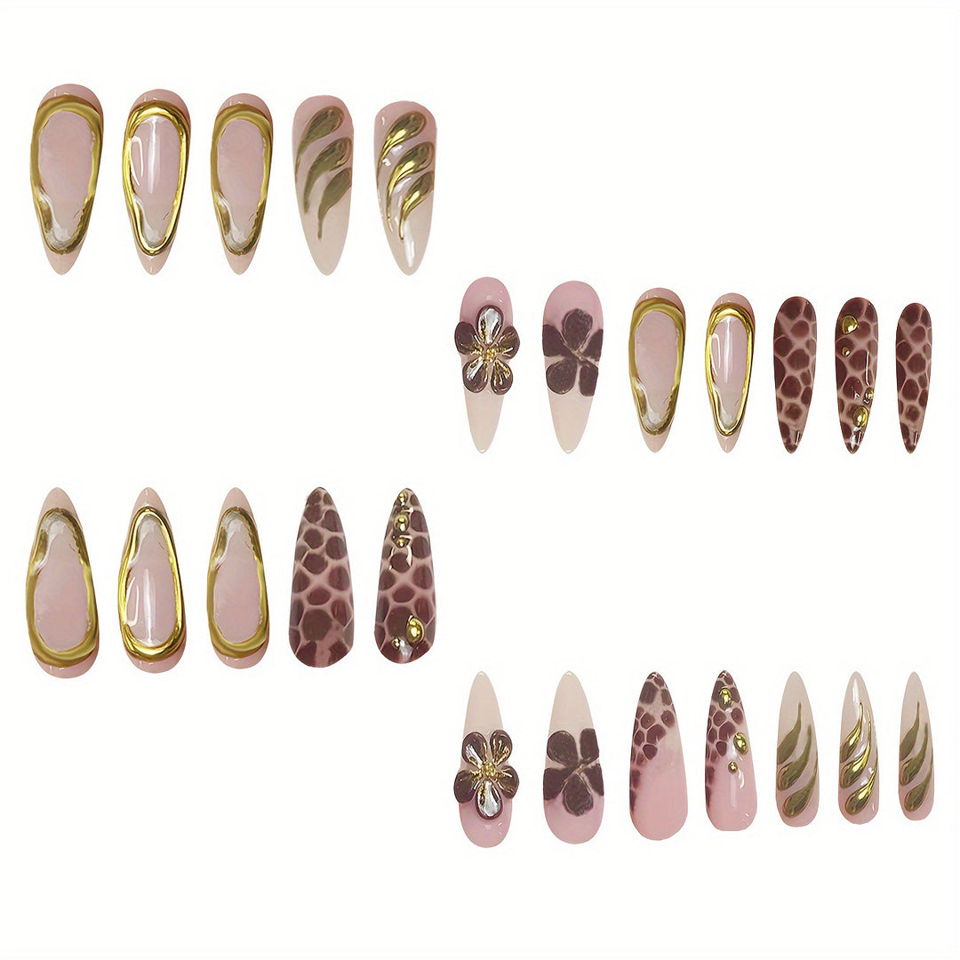 Artistic Press-On Nail Set with 3D Floral Accents Bowlift