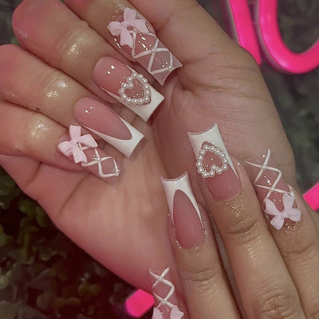 Decorative Heart-Accent Acrylic Nail Art Extensions Bowlift