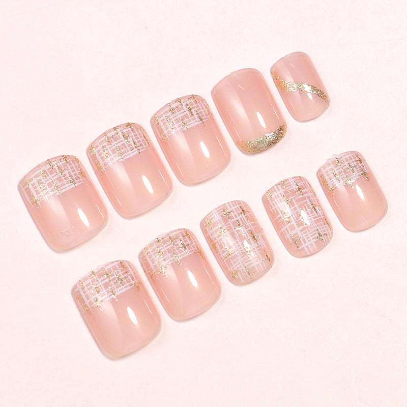 Elegant Press-On Nail Set with Gold Accent and Glitter Design Bowlift
