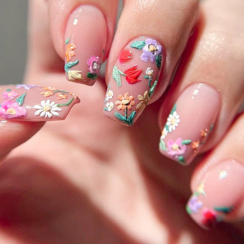 Artificial nail set with colorful flowers and creative French design Bowlift