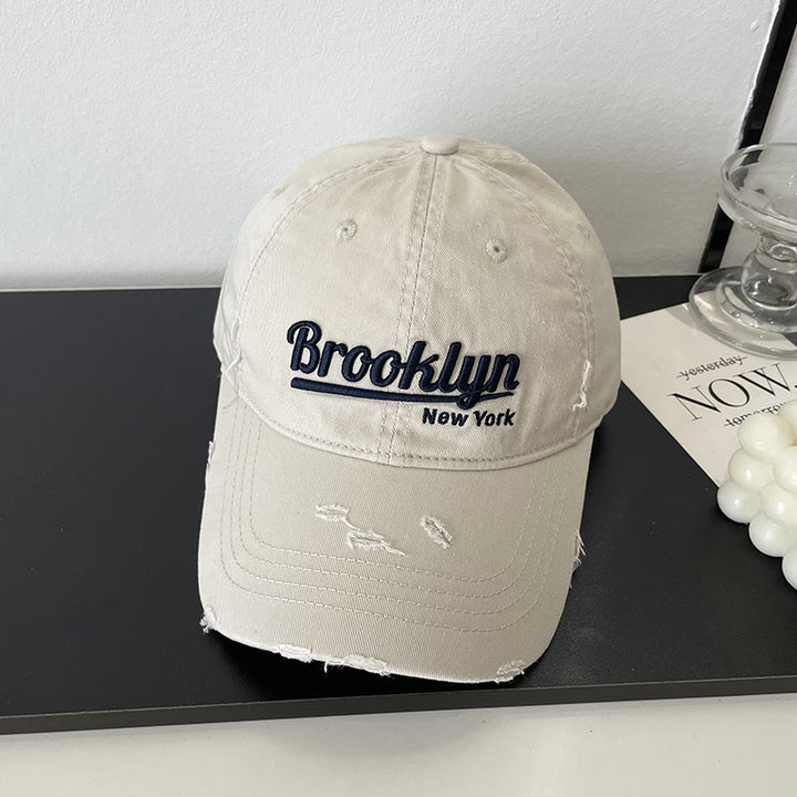 Distressed Cotton Baseball Cap with Brooklyn Embroidery