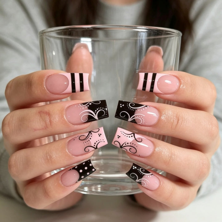 Artistic Long Square Press-On Nails with Whimsical Patterns Bowlift