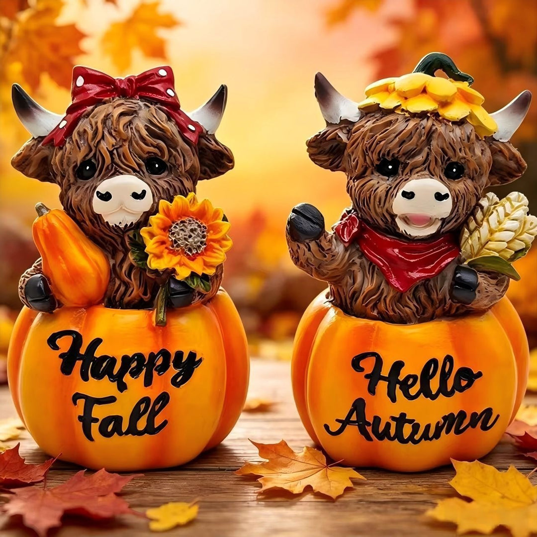 Funny decorative figure of a Highland cow in pumpkin costume Bowlift