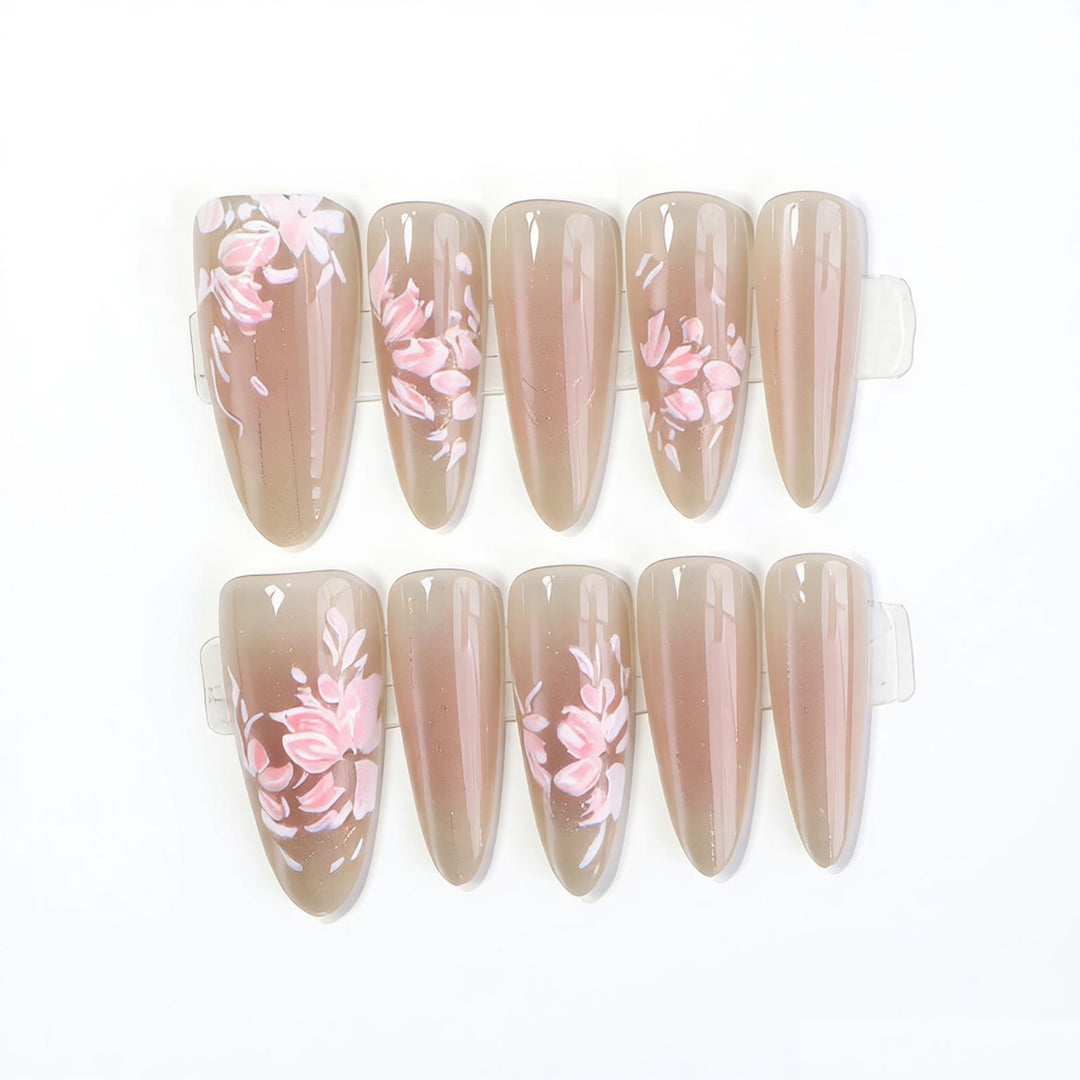Elegant Press-On Nail Art Set with Floral Design Bowlift