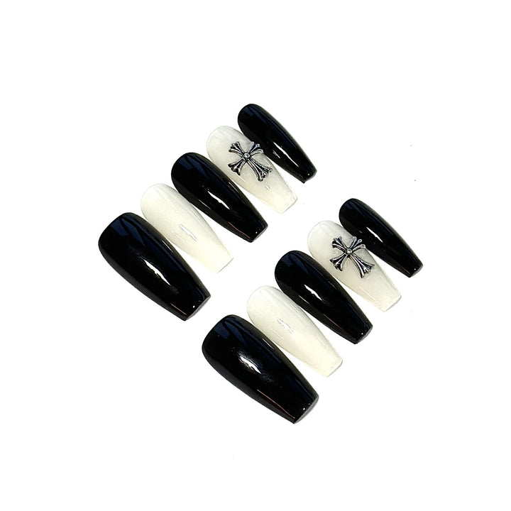 Elegant Press-On Nail Set with Unique Cross Design