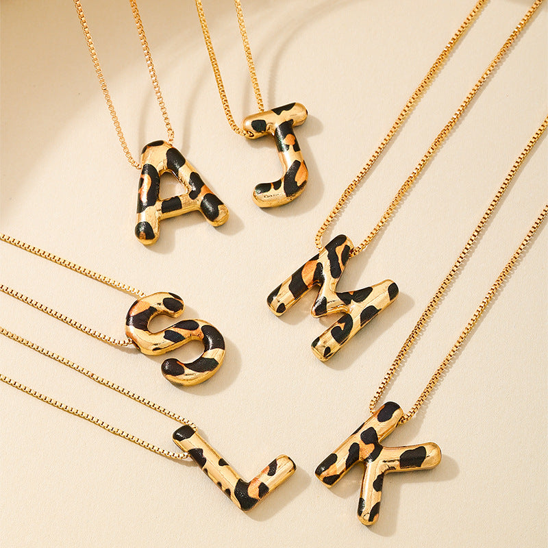 Custom Initial Pendant Necklace with Gold Chain and Leopard Resin Letter Charm Bowlift