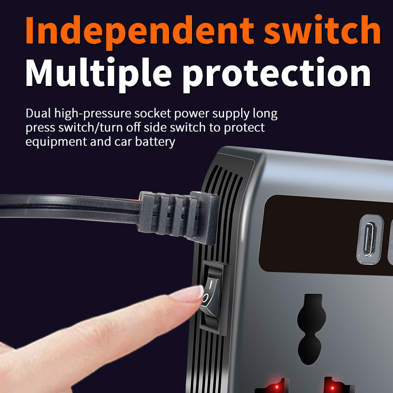 High-Power Vehicle Power Inverter with Multiple USB and USB-C Fast-Charging Ports and AC Outlet Cigarette Lighter Extension Bowlift
