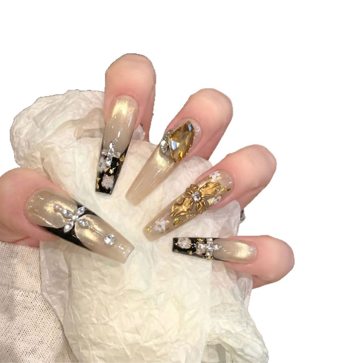 Elegant Decorative Press-On Nail Art Set with Rhinestone and Floral Accents Bowlift
