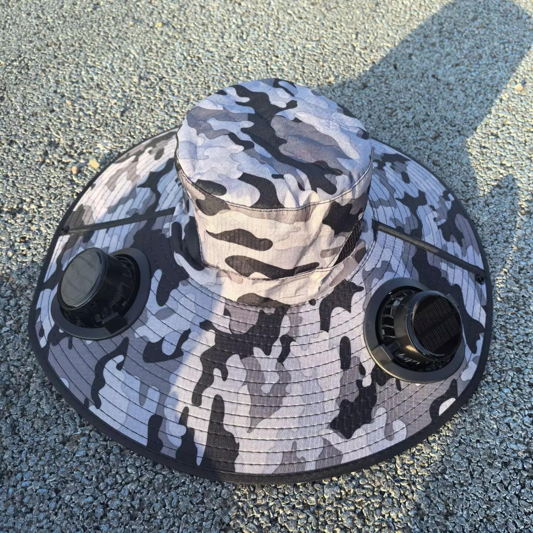 Ventilated sun hat with integrated solar fans and wide brim Bowlift