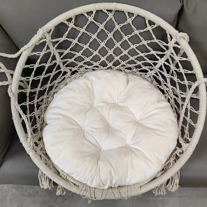 Macrame hanging chair with complete ceiling mounting kit and decorative tassel fringe Bowlift