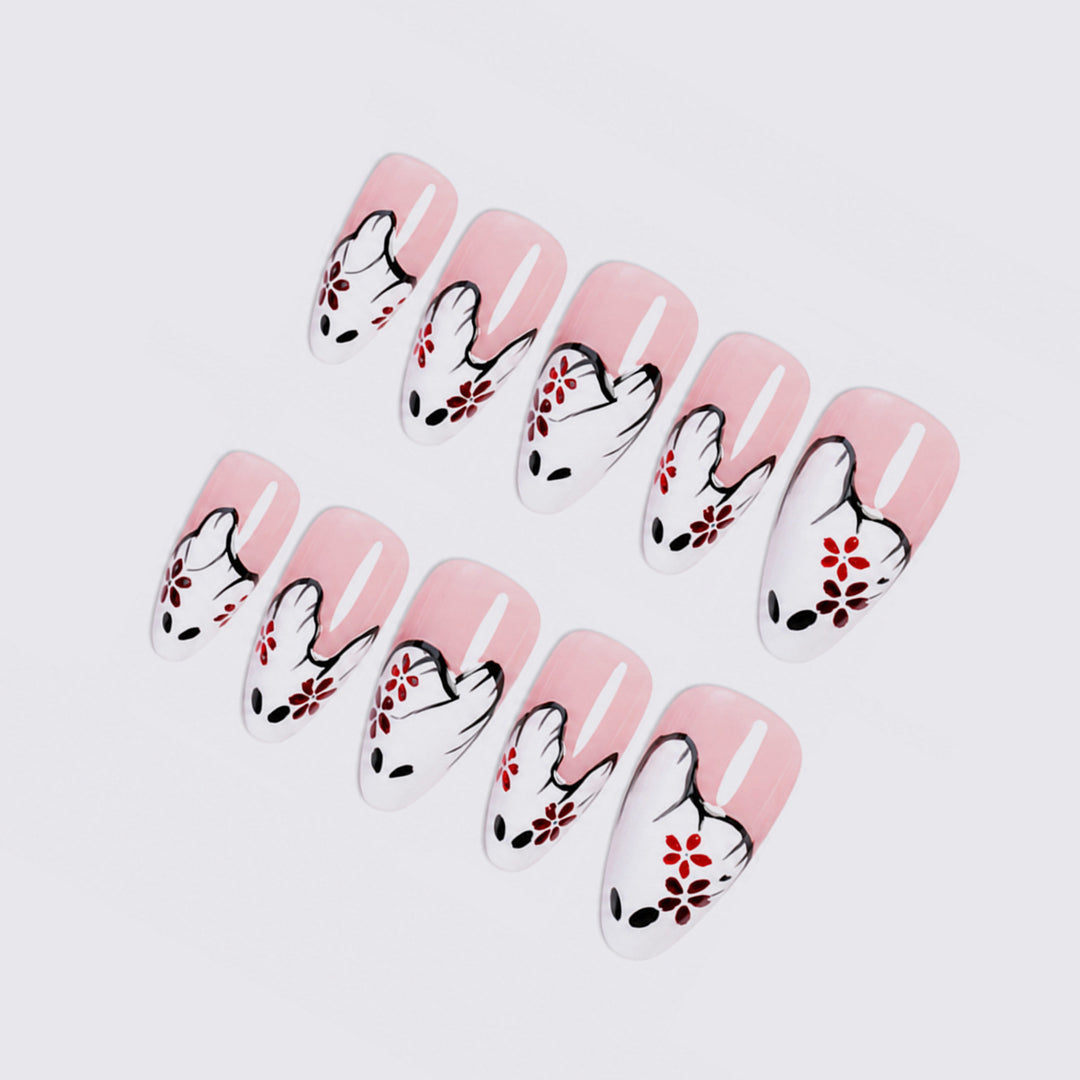 Artistic Press-On Nail Set with Floral and Ghost Design Bowlift