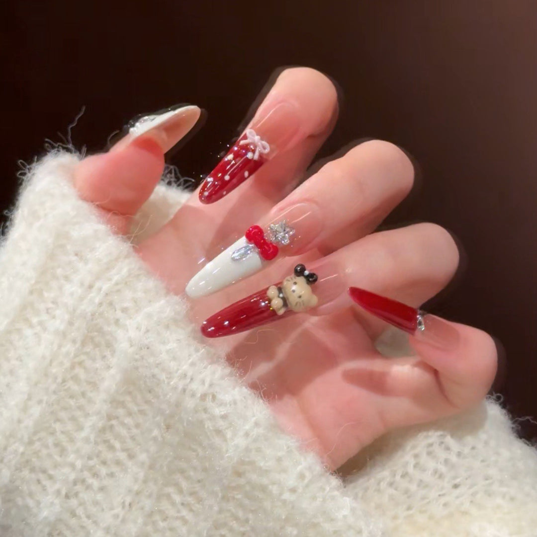 Artistic Press-On Nail Set with Holiday Designs Bowlift
