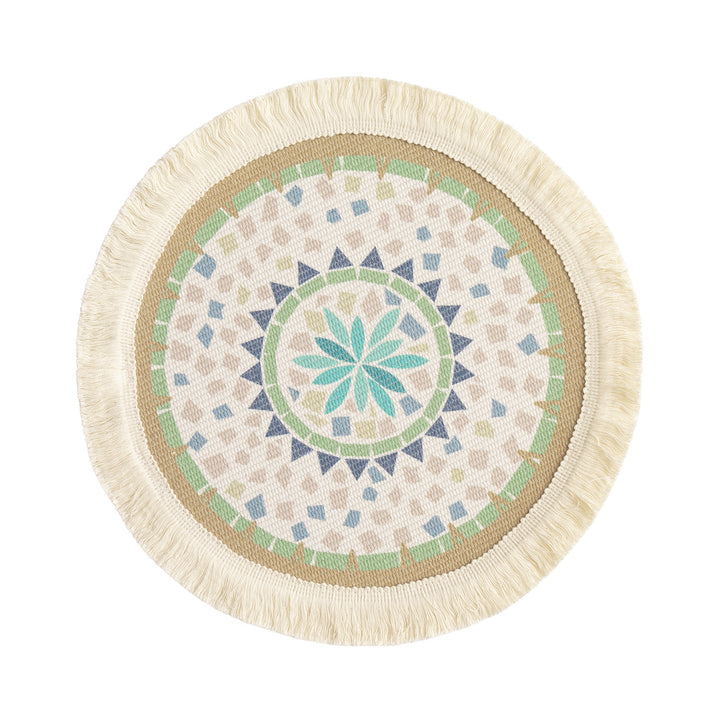 Round handmade woven decorative rug with fringes and botanical pattern Bowlift