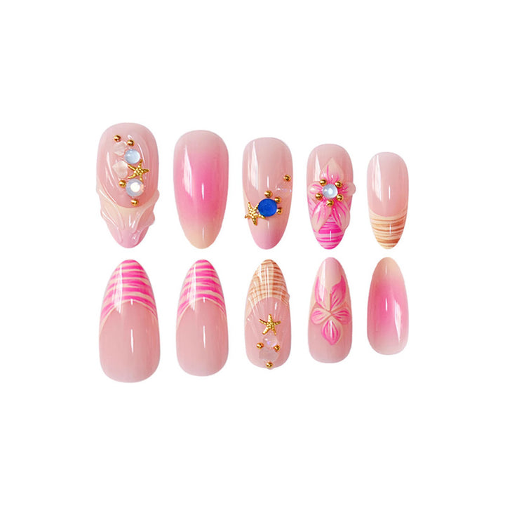 Artistic Press-On Nail Set with Floral and 3D Accents Bowlift