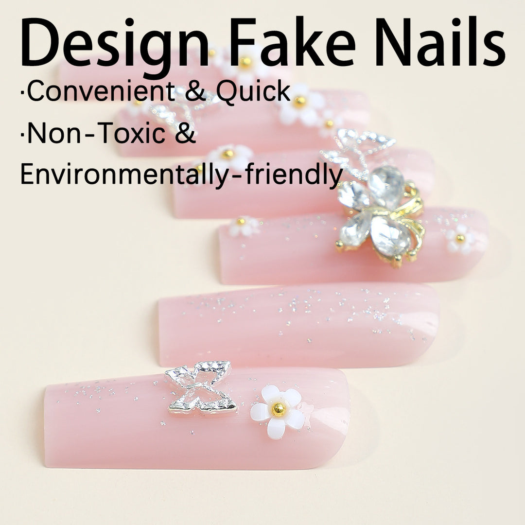 Artificial nail set with floral and glittering accents Bowlift