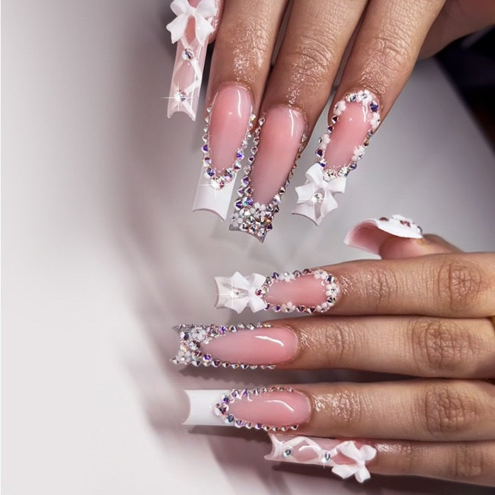 Elegant artificial nails with rhinestones and floral design Bowlift