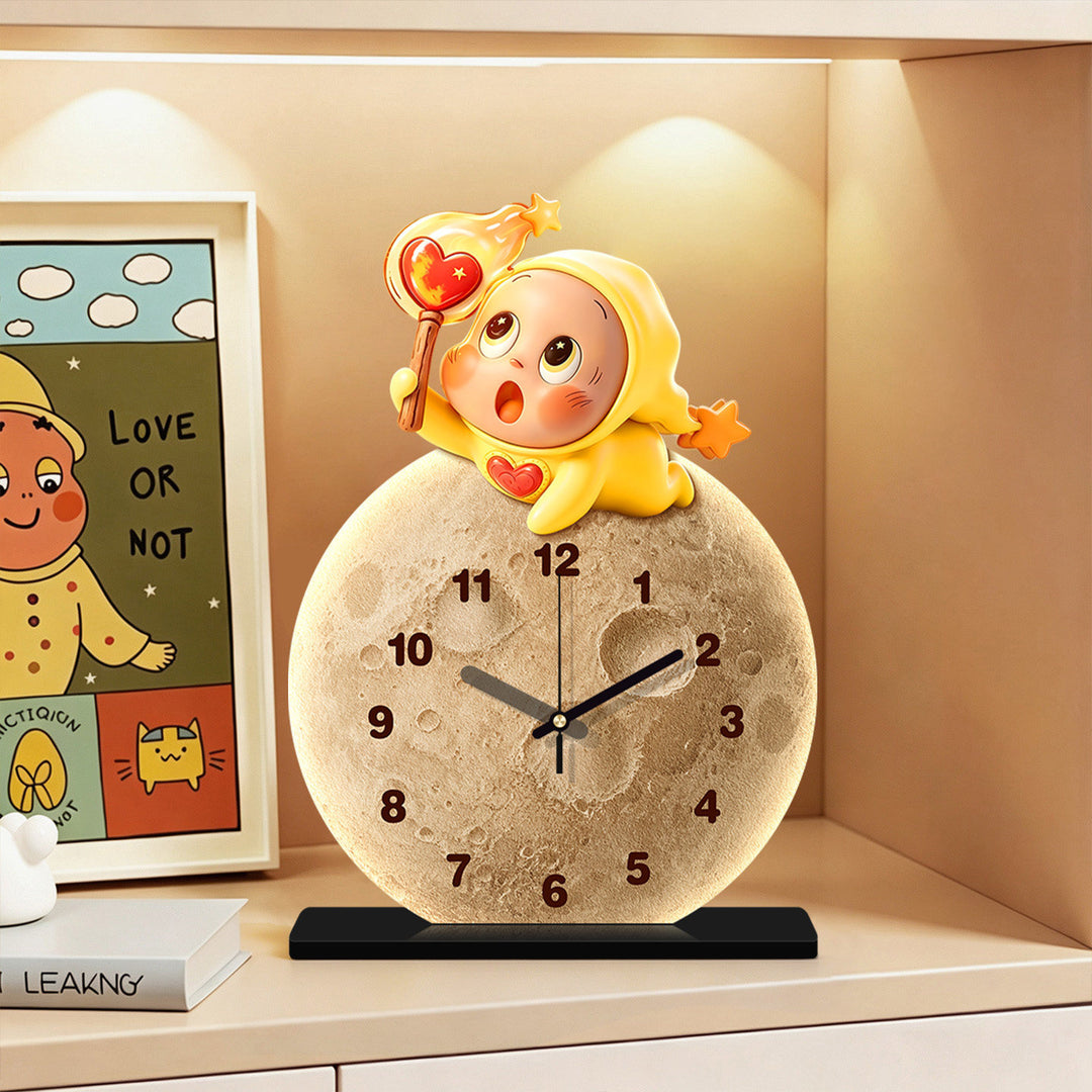 Lunar Texture Table Clock with LED Night Light and Star Character Bowlift