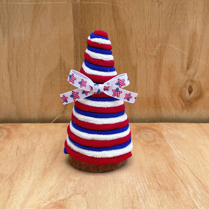 Unisex decorative table top Christmas tree made of felt and knitted structure with star appliqués Bowlift