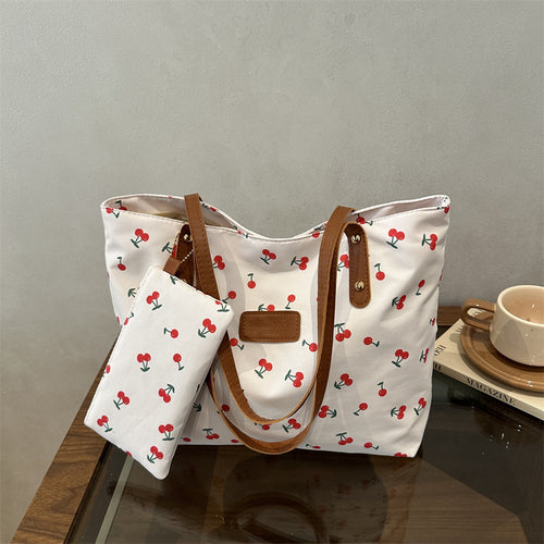 Stylish Cherry-Printed Tote Bag with Removable Pouch
