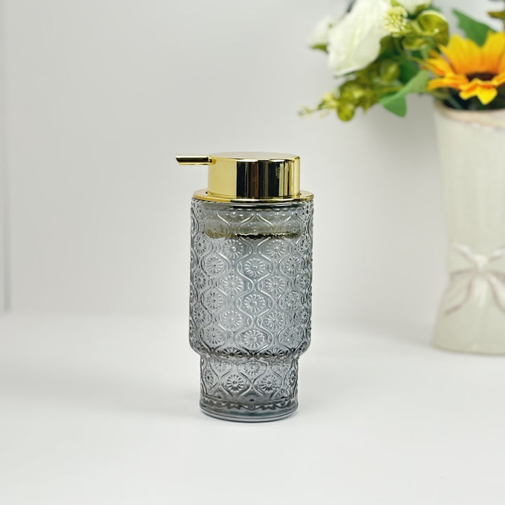 Embossed vintage glass vanity organizer set with pump dispenser and toothbrush cup Bowlift