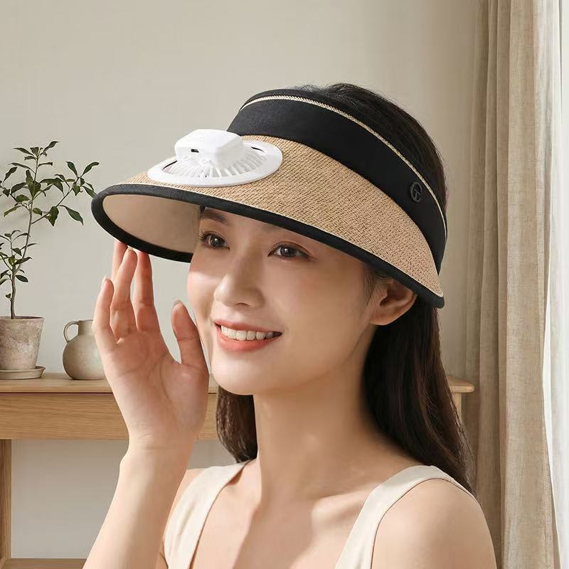 Air-cooled straw hat with detachable battery fan and elastic headband Bowlift