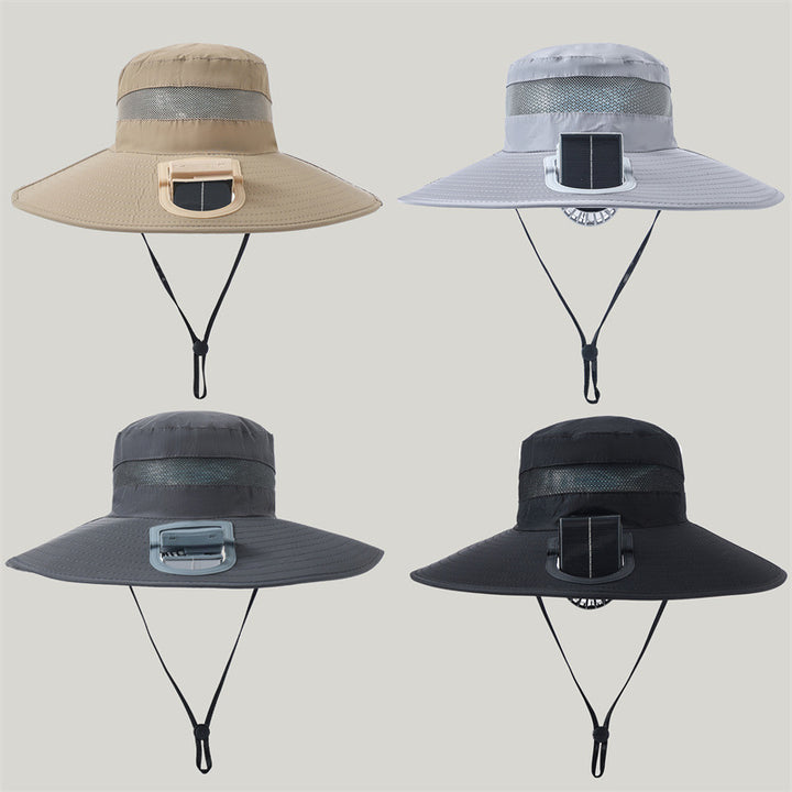 wide-brimmed outdoor sun hat with solar module, quiet mini fan, and adjustable chin strap Bowlift