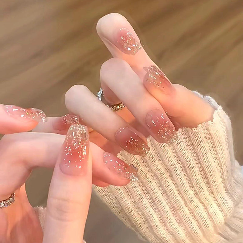 Artistic Press-On Nail Set with Glitter and Ombre Effects Bowlift