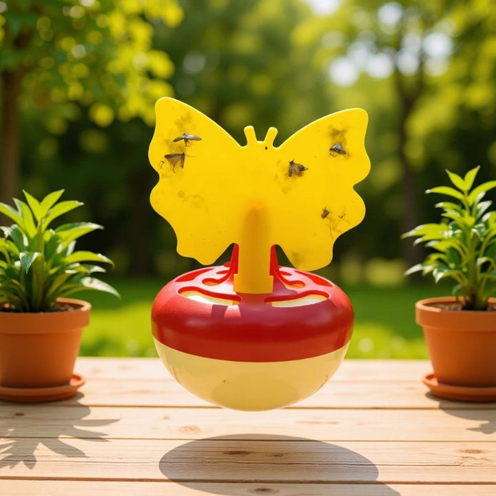Butterfly-shaped sticky insect trap with refillable liquid reservoir and reusable base Bowlift
