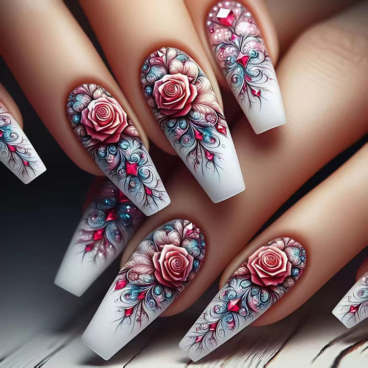 Elegant rose design artificial nails with glitter accents Bowlift
