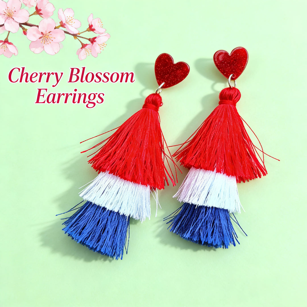 Women's nan tiered fringe tassel statement drop earrings with glitter disc stud and layered silk-like threads Bowlift