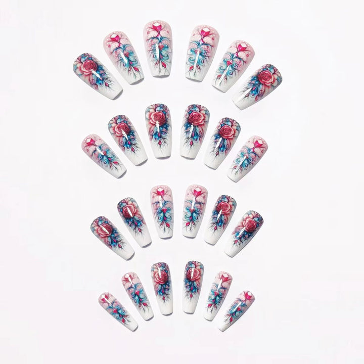 Elegant rose design artificial nails with glitter accents Bowlift