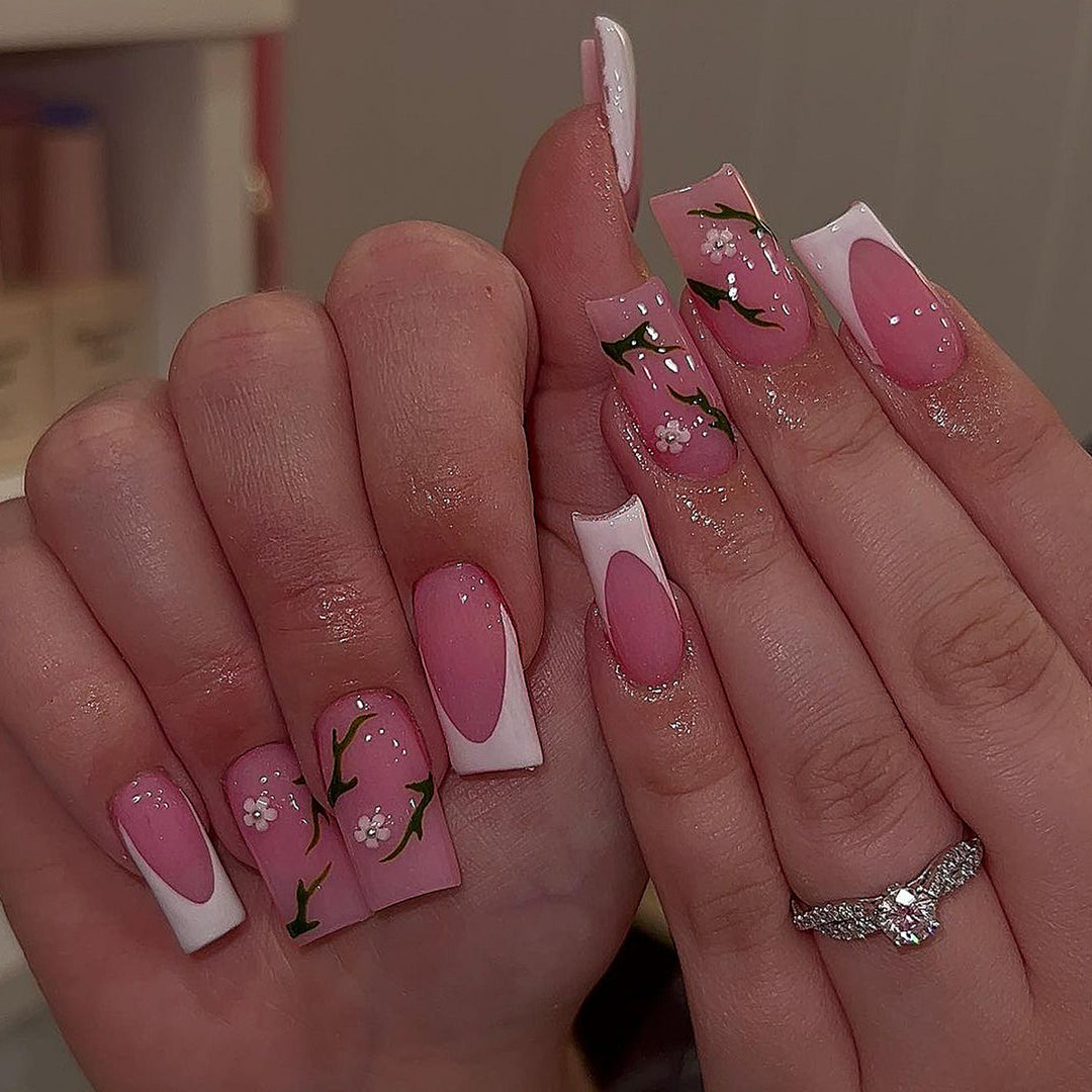 Artistic Floral Acrylic Nail Set Bowlift