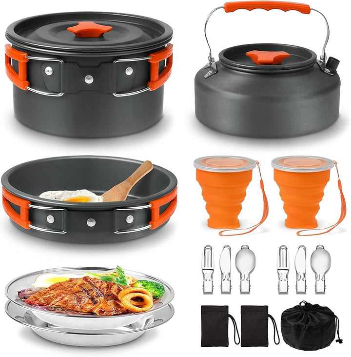 lightweight nonstick anodized aluminum camping cookware set with folding-handle pot and kettle, collapsible silicone cups, stainless plates and cutlery Bowlift