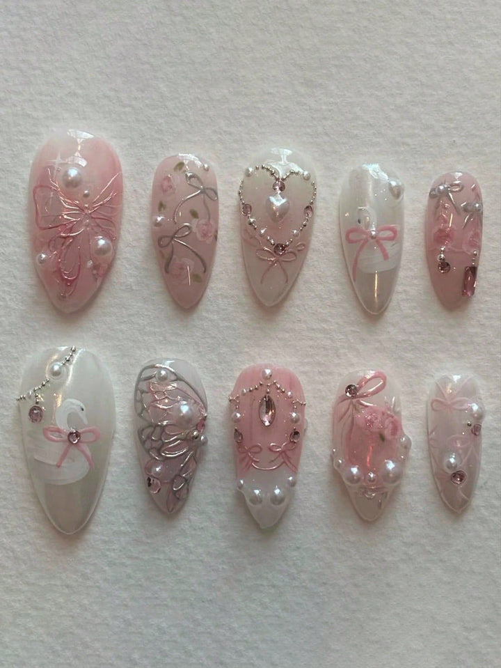Decorative 3D Bow and Pearl Press-On Nail Art Bowlift