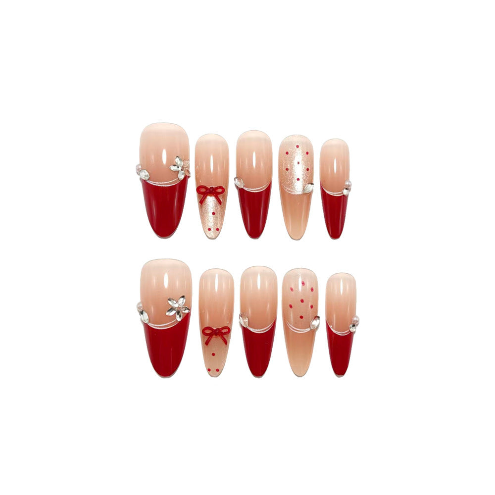 Elegant Artificial Nails with Decorative Ribbons and Rhinestone Clusters Bowlift