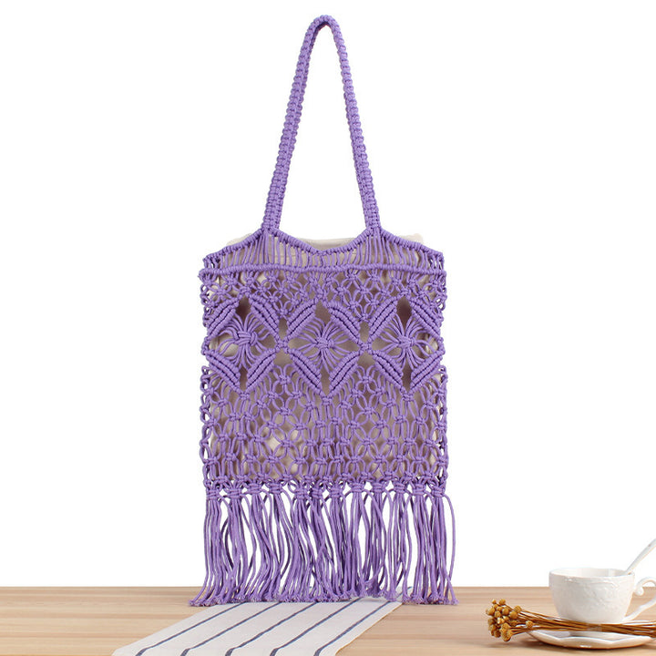 Macrame Tote Bag with Decorative Fringes Bowlift