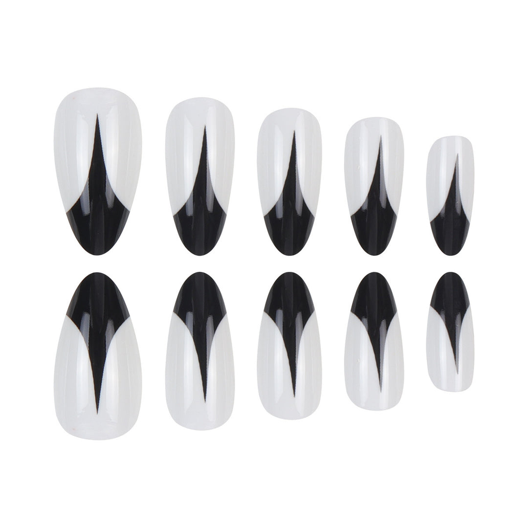 Trendy Stiletto Press-On Nails with Artistic Black and White Design Bowlift