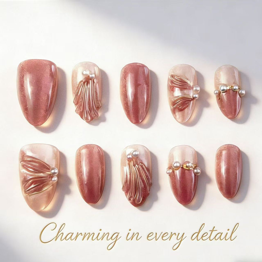 Decorative Press-On Nail Set with Elegant Pearl Accents Bowlift